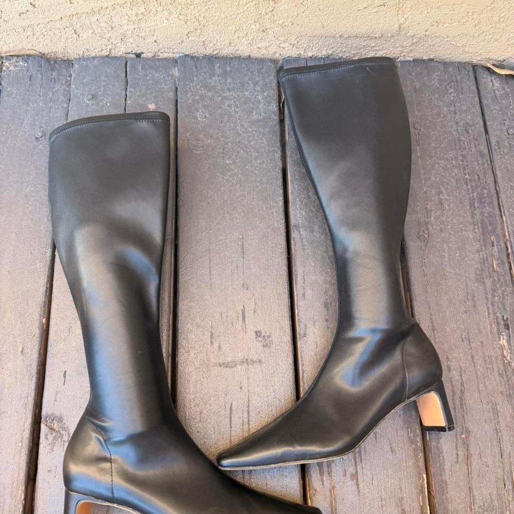 Black faux leather knee high boots with square toe - Picture 3 of 8